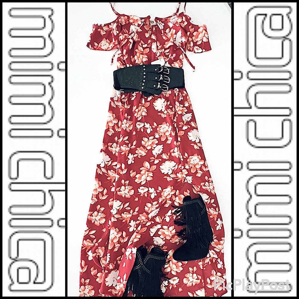 Floral Cold Shoulder Spaghetti Strap WINE RED CREAM Asymmetrical Dress EUC XS
